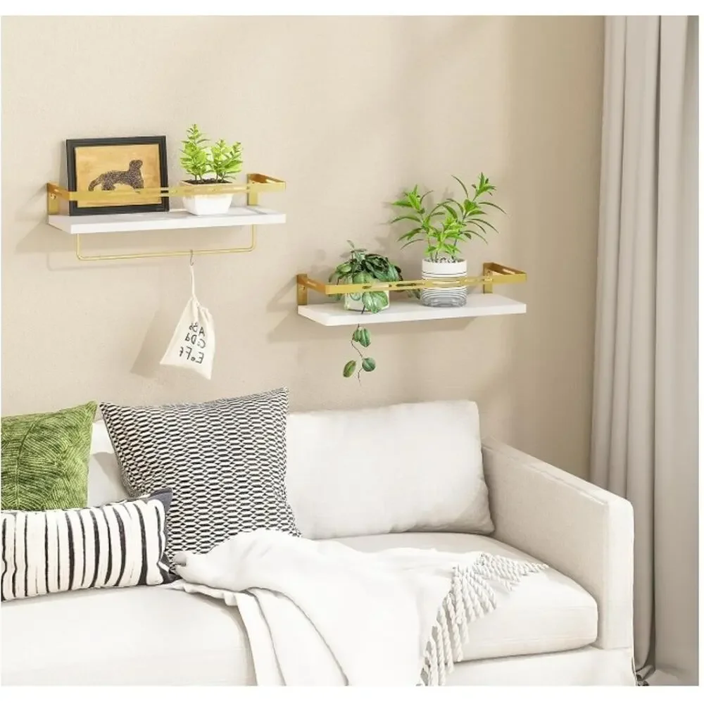 YGEOMER Floating Shelves White Gold Bathroom Wall Shelf w/ Towel Bar
